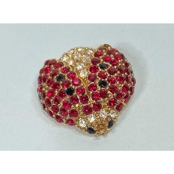 Vtg Monet Ladybug Brooch Pin Pave Crystal Rhinestone Red Black 7/8" Gold Tone - Picture 2 of 9